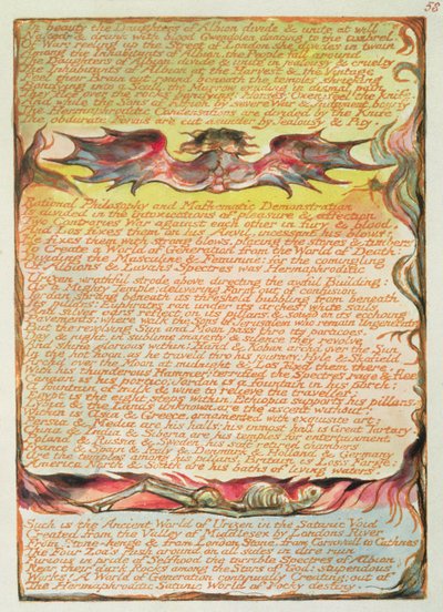 「In Beauty the Daughters of Albion ...」、58版「エルサレム」のプレート58、1804-20（ペンと水彩でオレンジにレリーフエッチングを印刷） 作： William Blake